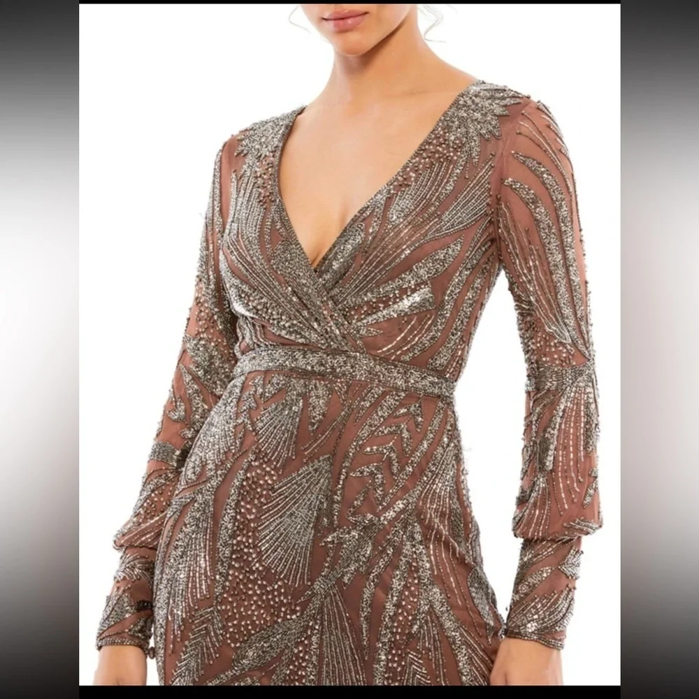 Mac Duggal Mocha Brown Beaded Long Sleeve Tulle Midi Cocktail Dress - Picture 4 of 14